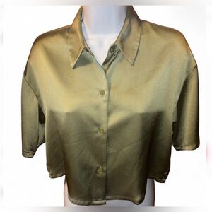 Abercrombie & Fitch Satin Blouse Cropped Boxy Fit Button-Up Career Casual XS/S